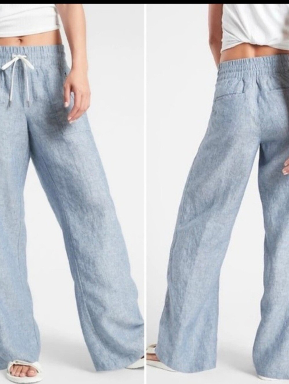 Athleta Cabo Linen Wide Leg Pants Size 6 Blue Chambray 100% Linen